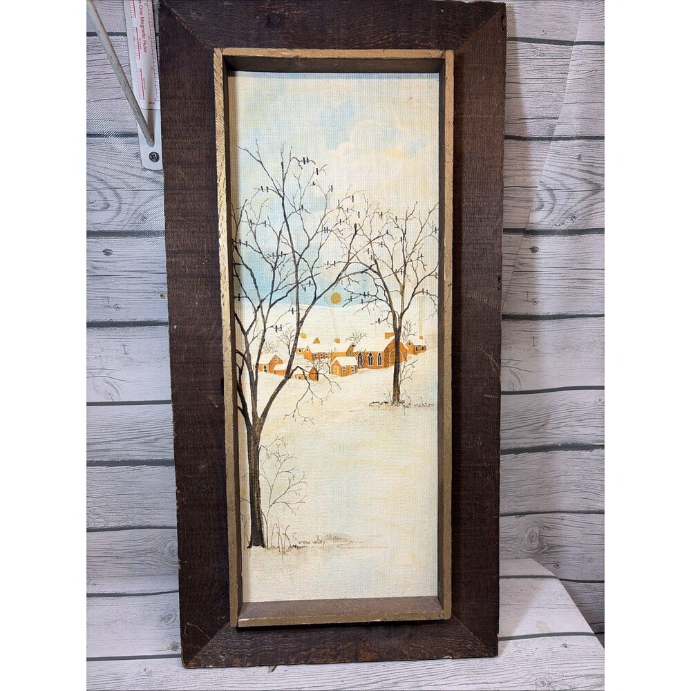 Vintage Original Oil Painting Winter House Snow Landscape Signed Wood Frame MCM